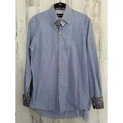 7 Camicie Men’s Dress Shirt Size Medium Blue Stripe Contrast Cuff • $11.96