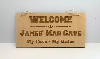 Man Cave Sign Personalized - My Cave My Rules - Wooden Engraved Hanger Sign • $29.99