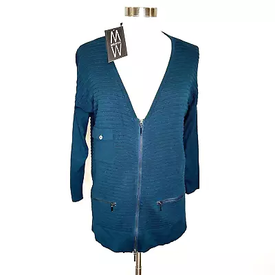 Marla Wynne NWT Womens M Textured Sweater Cardigan Teal Zippers Pockets • $30