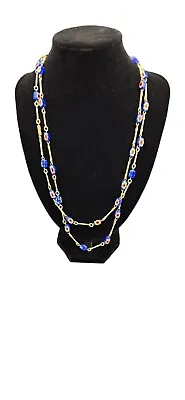 Vintage Millefiore Blue Floral Necklace 52  Gold Tone Chain Opera Triple Double  • $39.95