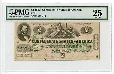 1862 T-43 $2 The Confederate States Of America Note - CIVIL WAR Era PMG VF 25 • $750