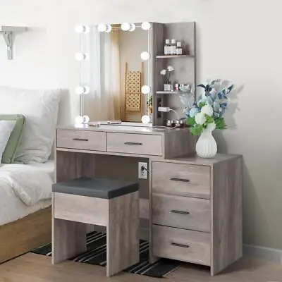 Led Lighted Vanity Set With Sliding Mirror Makeup Dressing Table 5Drawer Cabinet • $472.99