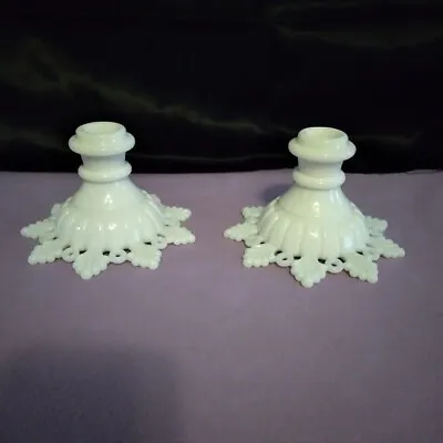 Vintage Pair Westmoreland RING & PETAL Milk Glass Candlesticks Holders • $25