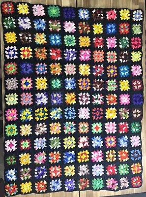 Handmade Crochet Afghan Throw Blanket Black Multi Color Granny Square 39 X51  • $24.95