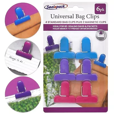 Storage Clips 6Pc Food Bag Packet Sealing Clamps Kitchen Fridge Memo Note Magnet • £3.98