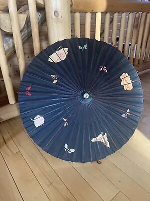 Vintage Parasol Umbrella Thai Japanese Rice Paper Oil Bamboo Black With Flowers • $19.95