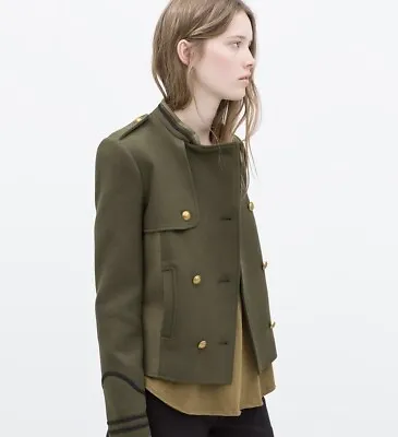 Zara Military Jacket Womens Size XS Gold Button Coat Shoulder Straps Green Khaki • $65