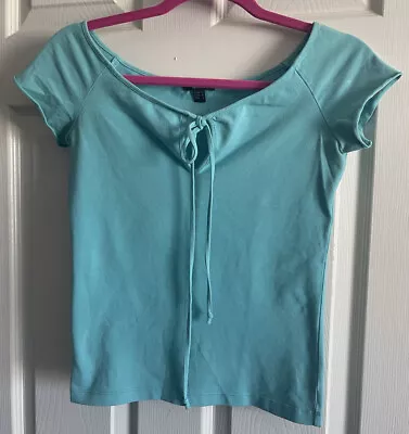 MNG By Mango Women's Turquoise Aqua T-shirt Tee Top Keyhole Tie M • $9