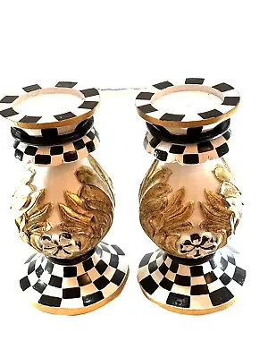 Art Deco Candleholders Black And White Set 2 HandPainted Gold Wrapped Leaves • $119.20