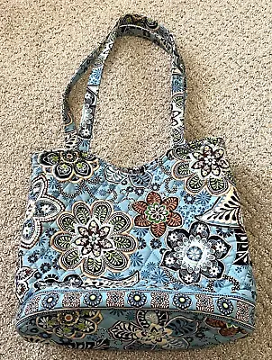 Vera Bradley Bali Blue Handbag Flat Bottom Paisley Floral Brown Shoulder Double • $35