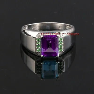 Natural Amethyst & Tsavorite Gemstones With 925 Sterling Silver Ring For Men #40 • $80.75