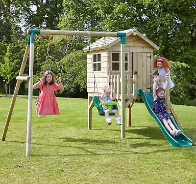 £531.96 • Buy Rebo Orchard 4FT X 4FT Wooden Playhouse + Swings, 900mm Deck & 6FT Slide 