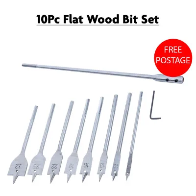 £6.99 • Buy 10Pc Flat Wood Drill Bit Set 12  Extension Spade Head Hex Drive Hole Cutter