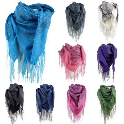 Ladies Sparkly Lurex Thread Paisley Tassels Square Shawl Scarf Wrap • £6.99