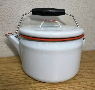 Vintage Red & White Enamelware Pot W/ Spout & Handle Shabby Chic Rustic Teapot • $18.95