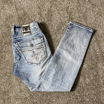 Rock Revival Lowry Slim Straight Men 34X33 Distressed Blue Stitch Jeans Denim • $95