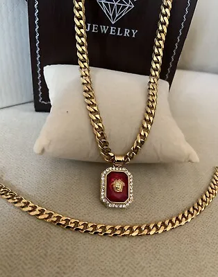 24” Cuban Links Chain & 8.5” Bracelet Set Medusa Ruby Pendant 18k Gold Filled • $80.21