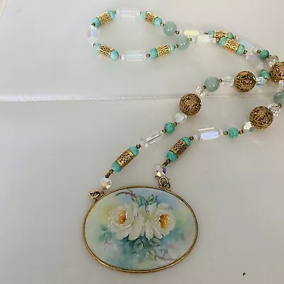 . Vintage Hand-painted Signed Floral Jade Glass Bead Gold Tone 30 In Necklace • $74