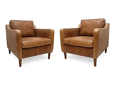 A Pair Of  Vintage Club Armchairs In Genuine Vintage Tan Leather  The Dane  • £1585