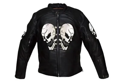 Mens Leather Motorcycle Jacket With Reflective Skulls • $109