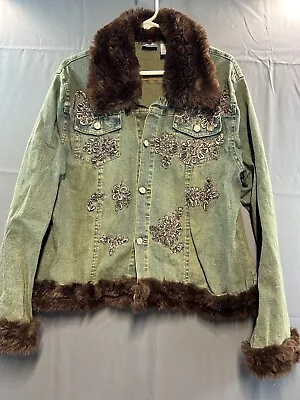 Vintage Spiegel Womens Denim Jacket Med Removable Faux Fur Beaded Coat Button Up • $32