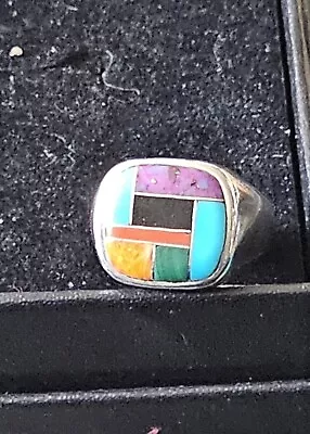 Sterling Silver Native American Multi-Stone Inlay Ring Wide Band Size 8 Sterling • $60