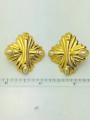 Signed Vintage Fendi Logo New Gold & Pearl Pierced Earrings Diamond Design • $299.99