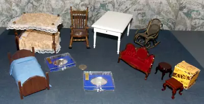10 Vtg Dollhouse Miniature Wood Beds/2 Rockers/2 End Tables/Dinning Table/Sofa.. • $14.99