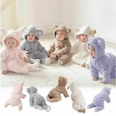 Winter Infant Baby Fluffy Fur Hooded Teddy Bear Jumpsuits Kid Warmer Clothes UK • £12.18