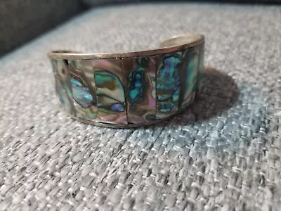 Alpaca Mexico Silver Cuff Bracelet With Inlay Of Beautiful Abalone-Vintage • $24