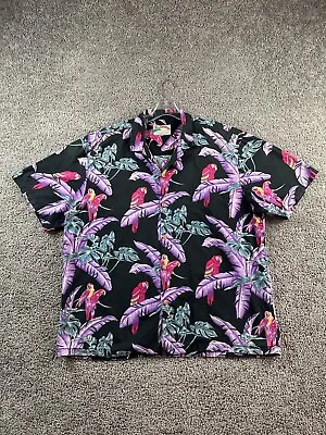 VINTAGE Paradise Found Magnum PI Shirt Mens XL Black Purple Parrot Hawaiian 80s • $30.09