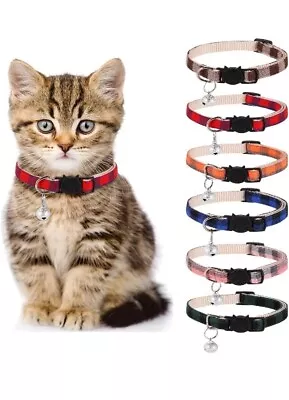 6 X Plaid Cat Pet Collar W Bell-Breakaway Quick Release Safety Adjustable Buckle • £9.95