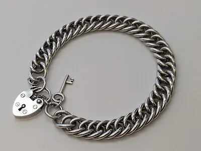 7  English Vintage Solid Sterling Silver Padlock 9.4mm Curb Chain Bracelet 33.9g • $240