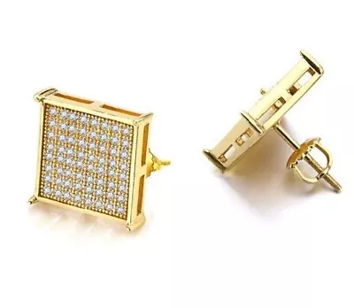 Mens 14K Gold Plated Iced Micro Pave CZ 9x9 Square Kite Screw Back Earrings 22mm • $10.99