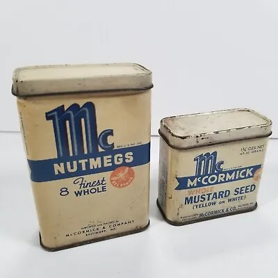 Vintage Spice Tins 2 McCormick Brand Nutmeg Whole Mustard Seed © 1939 1942 • $19.97