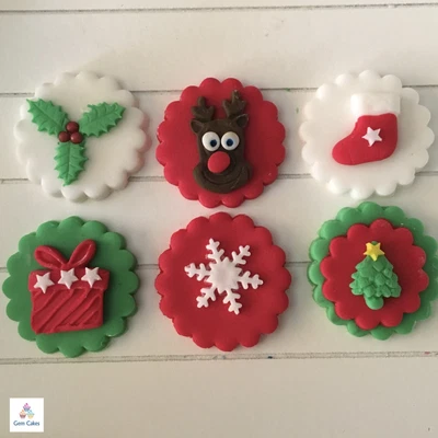 £5.99 • Buy 6 Edible Christmas Fondant Cupcake Toppers Tree Stocking Holly Snowflake Present