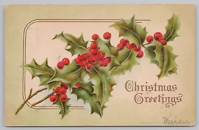 Holiday~Christmas Greetings~Holly Berries~Tan Background~Postmarked~Vintage PC • $3