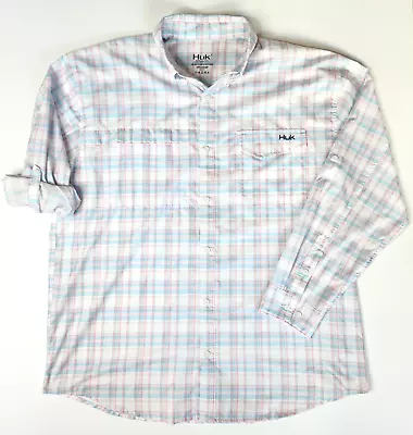 Huk Shirt Mens 2XL XXL Pink Vented Fishing Long Sleeve Plaid Button Down Rolltab • $22.99