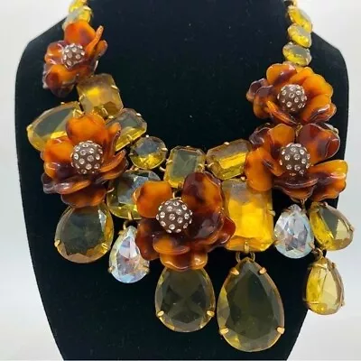 J. Crew Faux Tortoise Shell Flower Crystal Necklace Gold Tone Chain • $70.99