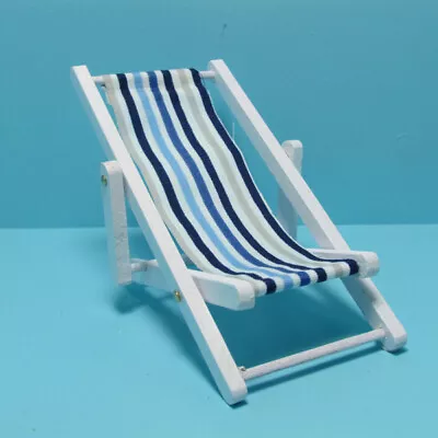 Dollhouse Miniature Beach Wood Folding Chair Blue Striped Fabric IM65338 • $4.94