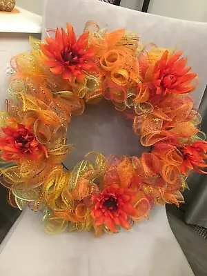 14” Handmade Fall Deco Mesh Wreath With Orange /  Yellow Color Flowers • $24.99
