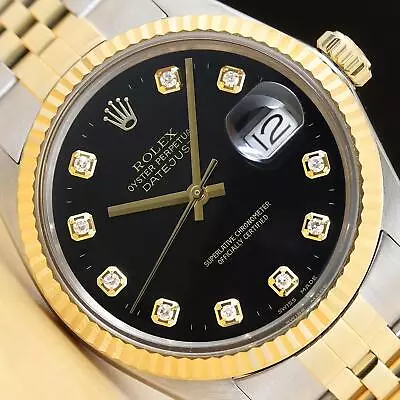 Rolex Mens Datejust 16013 Black Diamond Dial 18k Yellow Gold Steel 2-tone Watch • $10627.25