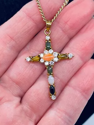 Vtg. Jade Onyx Coral & Cat's Eye Semi-precious Stones Cross Necklace 383 • $0.99