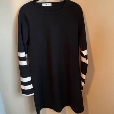 $25 • Buy Zara Knit Dress Black Long Sleeve White Stripe Sweater Size Medium
