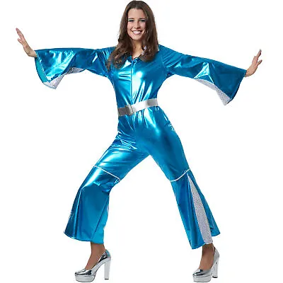 Disco Abba Costume For Women | 70's Fancy Dress Outfit Jumpsuit Blue Shiny Used • £25.99