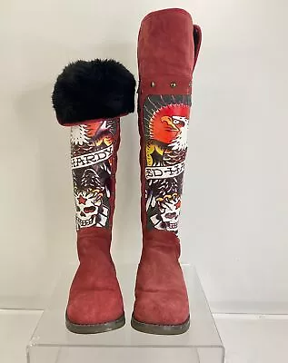 Ed Hardy Brick Red Multi Suede Faux Fur Lined Embellished Boots 7 • $30