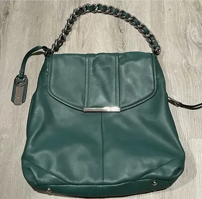 B. Makowsky Blue/Green Vintage Leather East/West Flap Shoulder Bag W/ Chain • $80.99