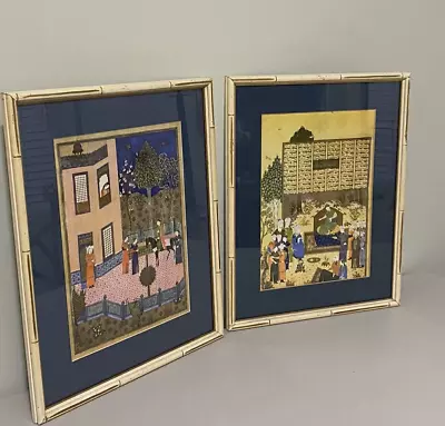 2 Vintage Fleck Bros Persian Prints Wood Framed Bamboo Style 19x15  Under Glass • $95