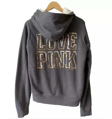 VINTAGE Victoria's Secret PINK Fur Lined Hoodie Love Pink Bling Zip - Size-M • $64.99