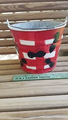 Vintage Folk Art Farm House Galvanized Steel Bucket Red White Large Black Ants • $22.50